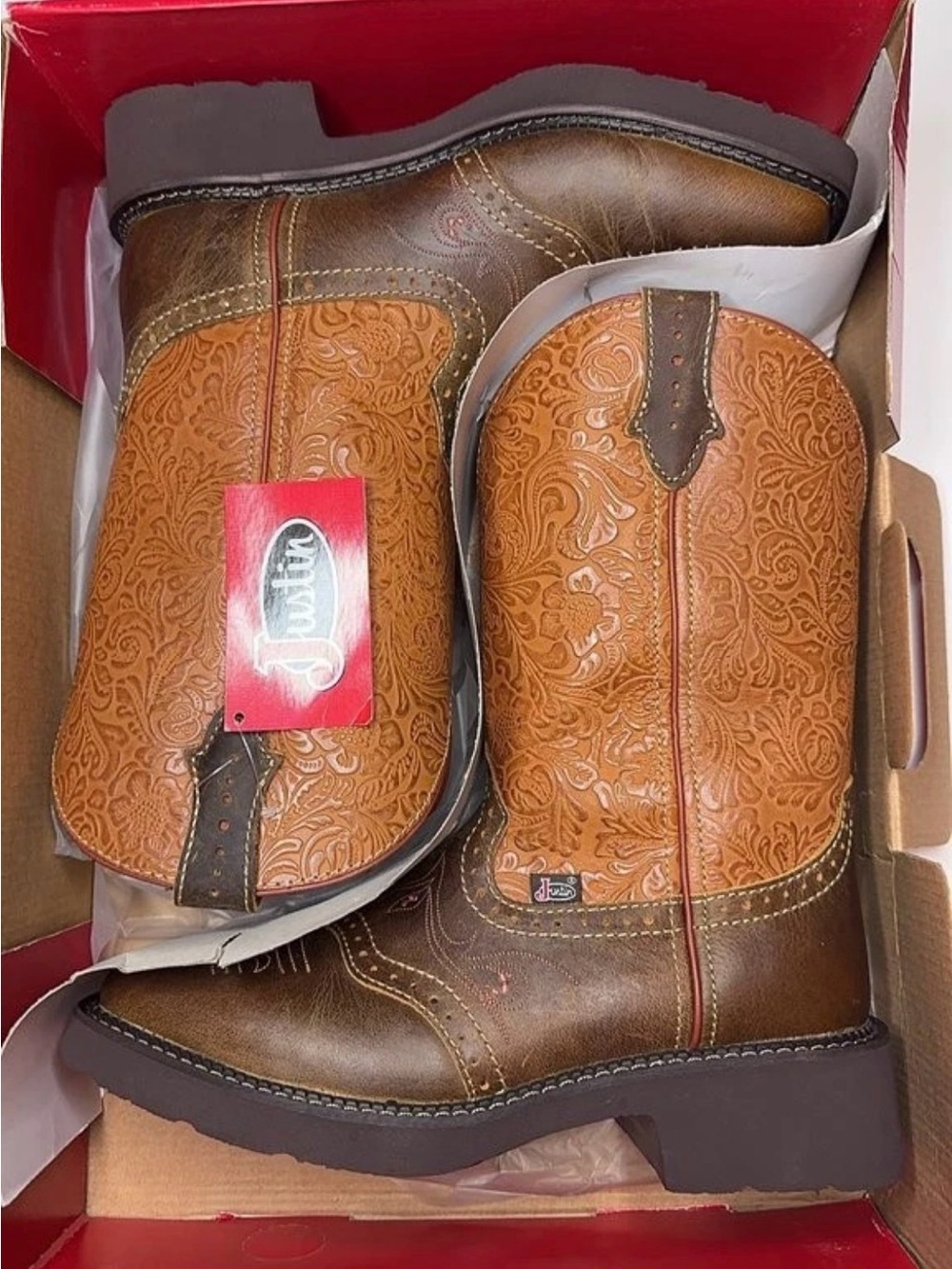 Justin Boots Brown and Tan Embossed Leather Cowboy Boots